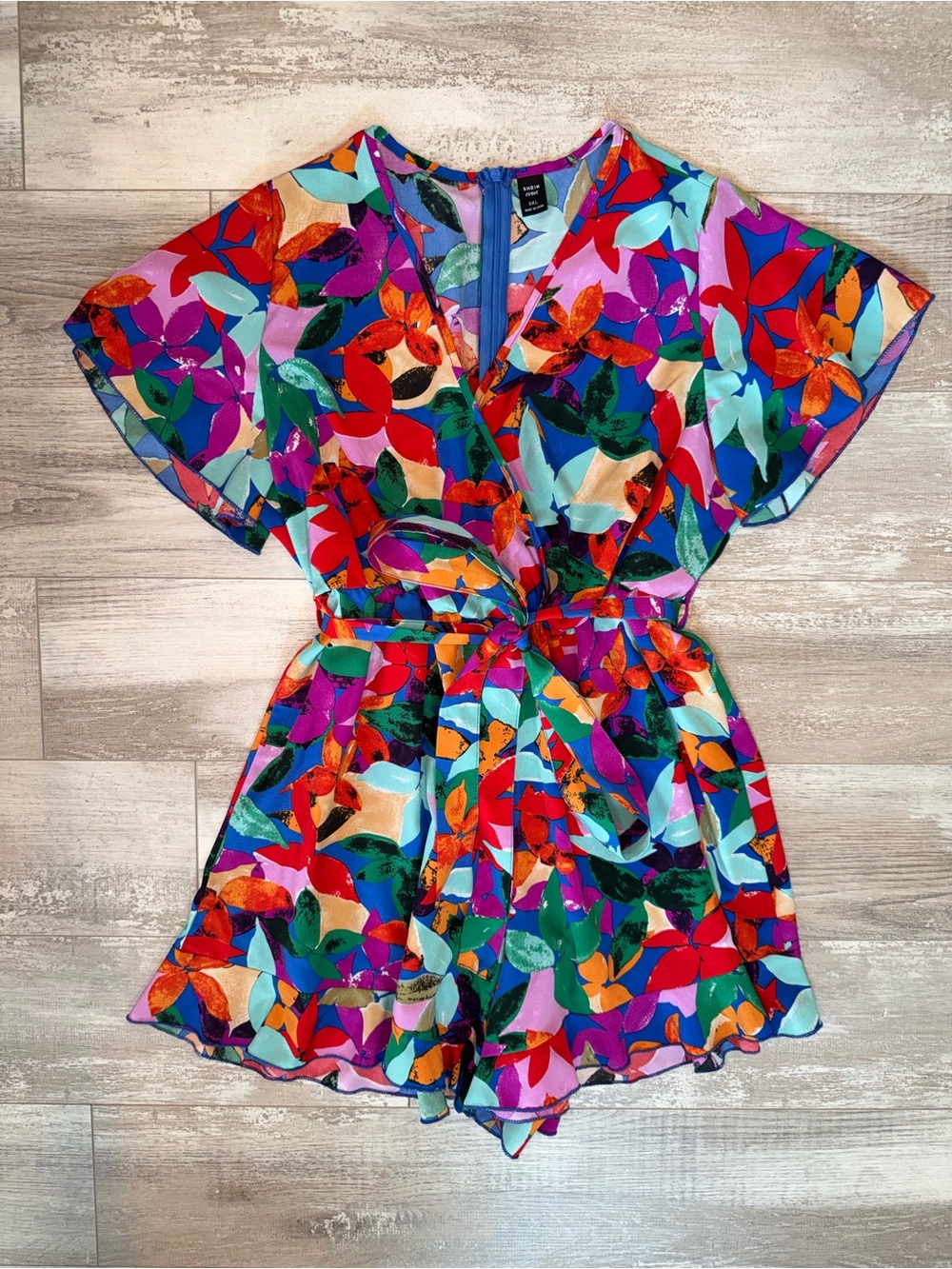 Colorful Tropical Floral Wrap Romper Kimono Sleeve Resort Vacation Outfit